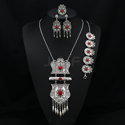 Flat Round Alloy with Resin Pendant Necklace & Stud Dangle Earring & Link Bracelet & Ring FS-WGB1F06-13-1