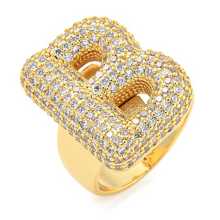 Brass Micro Pave Clear Cubic Zirconia Letter Open Cuff Ring for Women RJEW-M173-01G-B-1