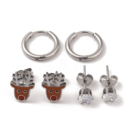 3 Pairs 3 Styles Christmas 304 Stainless Steel Hoop & Studs Earrings Set for Women EJEW-K279-12F-P-1