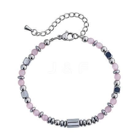 Pink Cat Eye & Stainless Steel Beaded Bracelets for Women ID8226-8-1