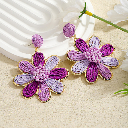 Flower Alloy Raffia Dangle Stud Earrings FS-WGFD46F-02-1