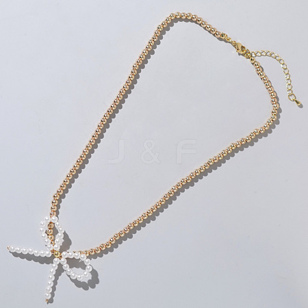 Glass Bowknot Pendant Necklace with Golden Brass Chains for Women YR7395-2-1