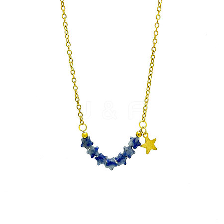 Bohemian Natural Blue Spot Jasper Star Beads Pendant 304 Stainless Steel Chain Necklaces for Women WG45F40-03-1