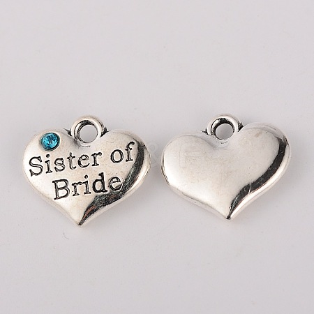 Wedding Theme Antique Silver Tone Tibetan Style Heart with Sister of Bride Rhinestone Charms X-TIBEP-N005-06B-1