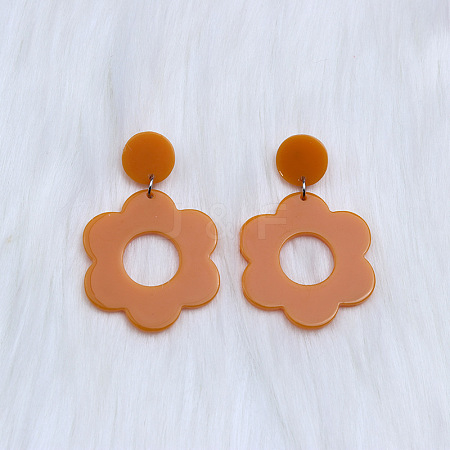 Flower with Flat Round Opaque Acrylic Dangle Stud Earrings FS-WG69462-04-1