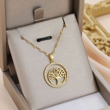 Brass Micro Pave Clear Cubic Zirconia Tree of Life Pendants NJEW-H066-01E-G-1