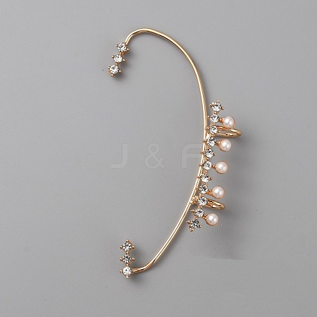 Crystal Rhinestone Curved Bar Cuff Earrings with Imitation Pearl Beaded EJEW-WH0017-37B-G-1