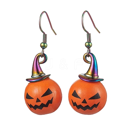 Halloween Theme Alloy Wood Pumpkin Dangle Earrings EJEW-JE05850-02-1