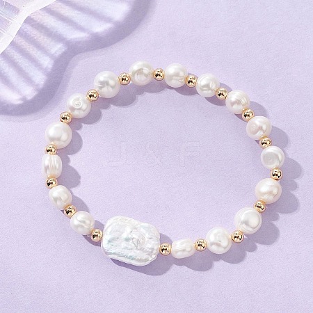 Natural Cultured Freshwater Pearl & Baroque Pearl Keshi Pearl Beads Stretch Bracelets for Women BJEW-JB13513-1