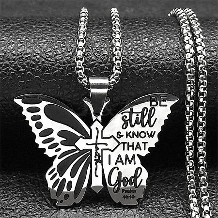 304 Stainless Steel Be Still & Know Butterfly Pendant Box Chain Necklaces STAS-D196-06P-1