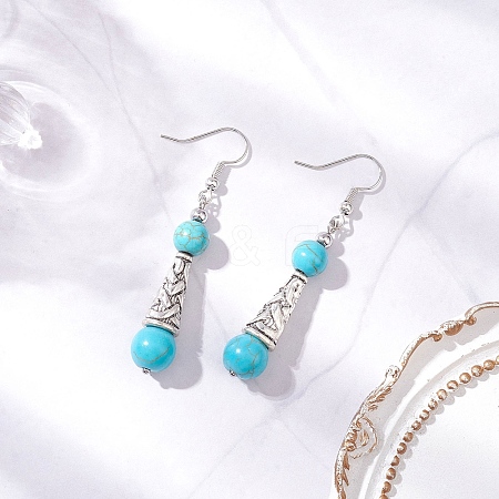 Brass Synthetic Turquoise Dangle Earrings EJEW-JE06535-02-1