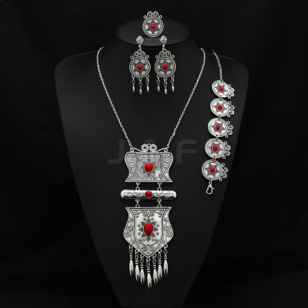 Flat Round Alloy with Resin Pendant Necklace & Stud Dangle Earring & Link Bracelet & Ring FS-WGB1F06-13-1