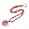 Natural Rhodonite 4.5mm Round Beaded Flower Pendant Necklaces NJEW-T016-04L-3