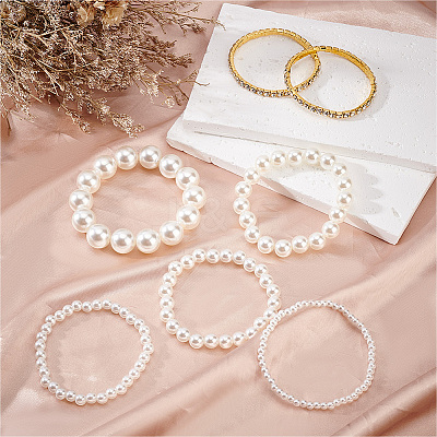 7Pcs 7 Styles Plastic Imitation Pearl Round Beaded Stretch Bracelets Set BJEW-AN0001-36-1