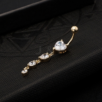 Real 18K Gold Plated Piercing Jewelry Brass Cubic Zirconia Heart Navel Ring Navel Ring Belly Rings AJEW-EE0001-06-1