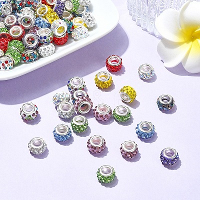 100Pcs 10 Colors Polymer Clay Rhinestone European Large Hole Beads with Silver Color Plated Brass Cores FIND-YW0004-88-1