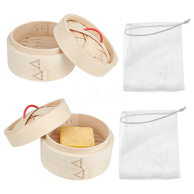 Round Bamboo Steamer Self-Draining Soap Box AJEW-GA0005-86-1