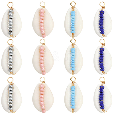 24Pcs 4 Colors Natural Cowrie Shell & Glass Seed Beads Copper Wire Wrapped Pendants FIND-SC0019-11-1