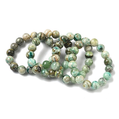Natural Green Line Jasper Round Beaded Stretch Bracelets for Women BJEW-F535-02D-1