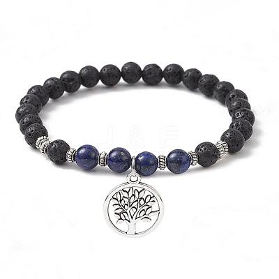 Natural Lava Rock & Natural Lapis Lazuli Gemstone Round Beaded Stretch Bracelet BJEW-JB09767-02-1