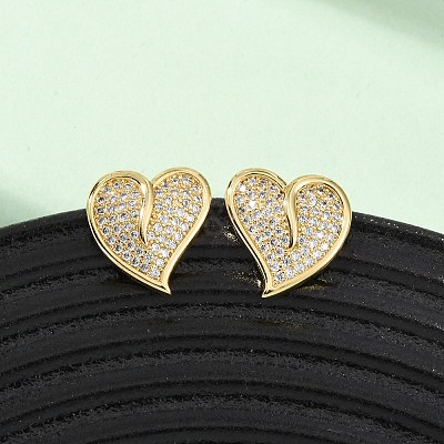 Heart Brass Micro Pave Cubic Zirconia Stud Earrings EJEW-B153-19G-02-1