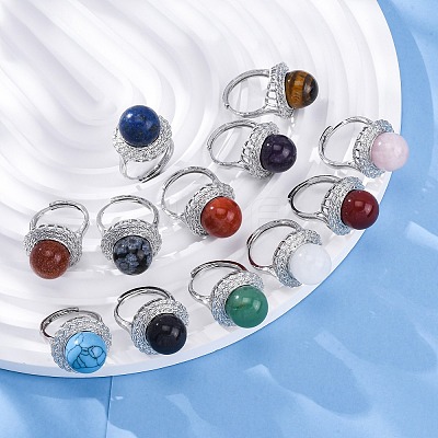 Natural & Synthetic Mixed Gemstone Round Adjustable Finger Rings RJEW-K241-05P-1