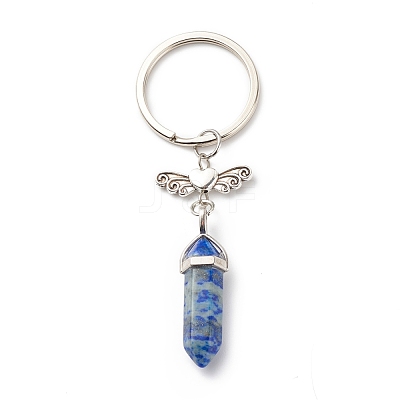 Bullet Natural Mixed Gemstone and Alloy Heart with Wing Keychains KEYC-JKC00361-1