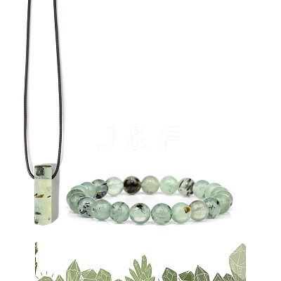 Natural Prehnite Beads Stretch Bracelets & Pendant Necklaces Sets for Men PW-WGF85DB-09-1