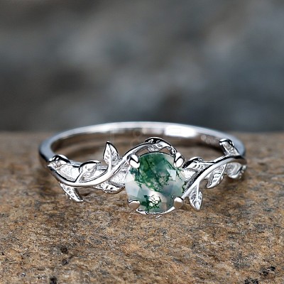 Oval & Leaf 925 Sterling Silver with Moss Agate Finger Rings FS-WGF1EFD-04-1