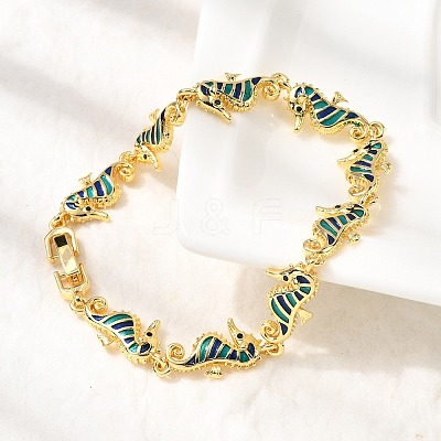 Brass Enamel Turquoise Sea Horse Link Chain Bracelets BJEW-C118-03G-1