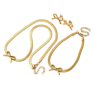 Bowknot 304 Stainless Steel Pendant Necklaces & Charms Bracelets & Stud Earrings Sets SJEW-Z003-03G-1