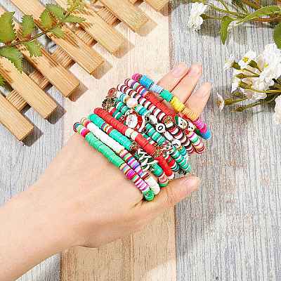 10Pcs 10 Styles Polymer Clay Heishi Beaded Stretch Bracelet Sets for Christmas BJEW-JB06128-1