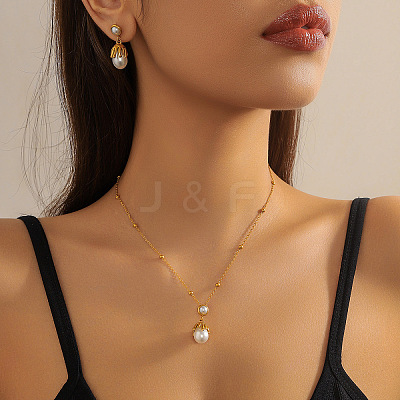 304 Stainless Steel with Plastic Pearl Pendant Necklace & Stud Dangle Earring FS-WG92D8A-04-1