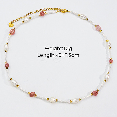 Handmade Natural Pearl & Strawberry Quartz & Glass Beaded Necklace JR6200-3-1