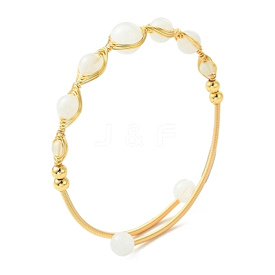 Herringbone Wire-Wrapped Natural Rainbow Moonstone Brass Cuff Bangles BJEW-JB14039-03-1