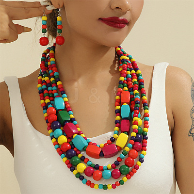 Wood Beaded Multilayer Necklaces & Dangle Earrings Sets WG1A9CE-05-1