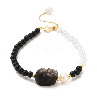 Natural Obsidian and Natural Quartz Crystal and Natural Multi-Moonstone Bead Bracelets BJEW-E098-15G-1
