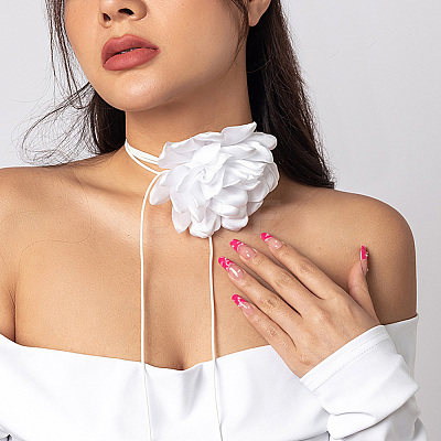 1Pc Retro Cloth Rose Flower Waxed Cord Wrap Choker Necklaces for Women NJEW-CP0001-05B-1