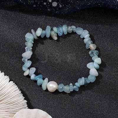 Natural Aquamarine Chips Stretch Bracelets for Women BJEW-JB11343-01-1