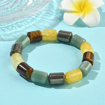 Column Natural Pyrite & Green Aventurine & Tiger Eye & Dyed Orange Quartz Beads Stretch Bracelets for Women Men BJEW-A148-01A-22-1