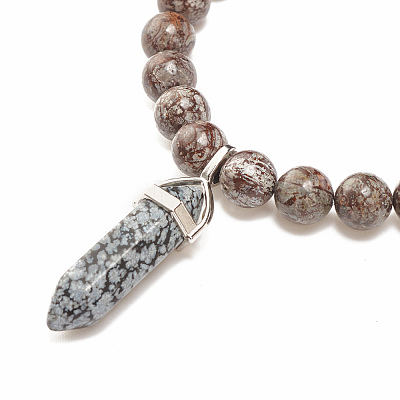 Natural Snowflake Obsidian Round Beaded Stretch Bracelet with Bullet Shape Charm BJEW-JB08310-04-1