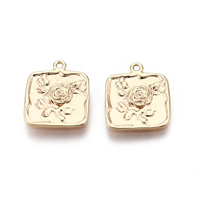 Square with Rose Pattern Brass Pendants KK-G436-20G-1