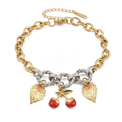 Duo Tone 304 Stainless Steel Enamel Red Cherry Leaf Charm Bracelets for Women SA-CBA717A-05G-1