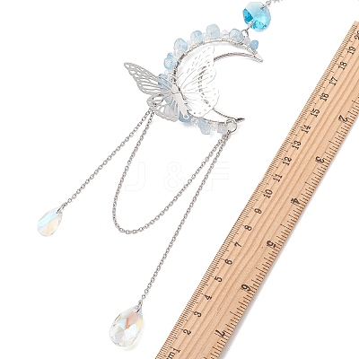 Natural Aquamarine Chips & Brass Moon & 304 Stainless Steel Butterfly Suncatcher HJEW-TA00449-02-1
