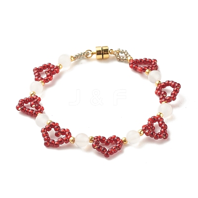 Glass Seed & Natural Agate Beaded Bracelet with Brass Magnetic Clasp BJEW-JB07803-01-1
