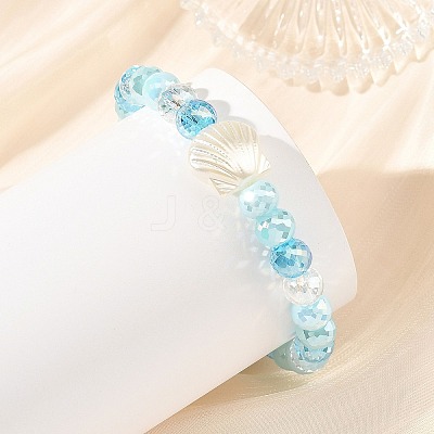Ocean ABS Plastic Imitation Pearl Shell Shape Electroplate Glass Faceted Rondelle Beaded Stretch Bracelets for Women BJEW-JB14386-01-1