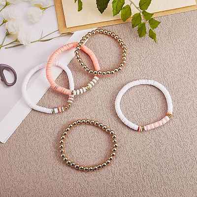 5Pcs 5 Style Polymer Clay Heishi Surfer Stretch Bracelets Set with Synthetic Hematite BJEW-SZ0002-43C-1