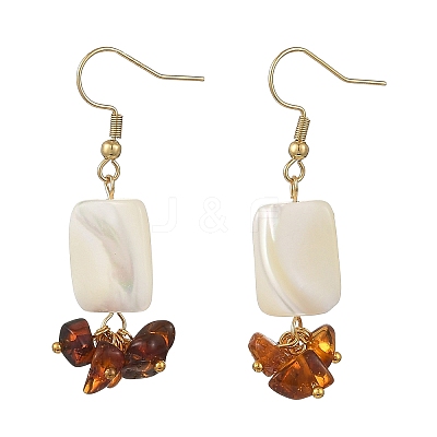 Natural Amber & Natural Trochid Shell/Trochus Shell Beads Rectangle Dangle Earrings EJEW-JE07524-1