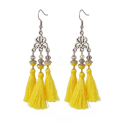 Polyester Tassel with Glass Beaded Chandelier Earrings EJEW-TA00183-02-1