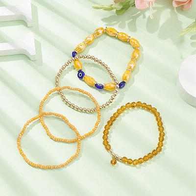 5Pcs 5 Style Glass & Lampwork Evil Eye Stretch Bracelets Set BJEW-JB09619-02-1